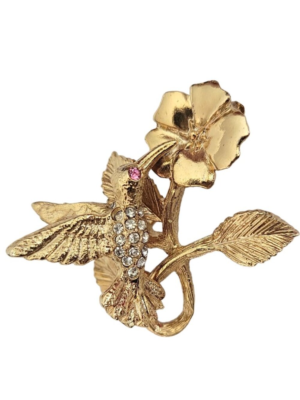 Gold Tone Clear Rhinestone Hummingbird Trembler Brooch Pin, M328